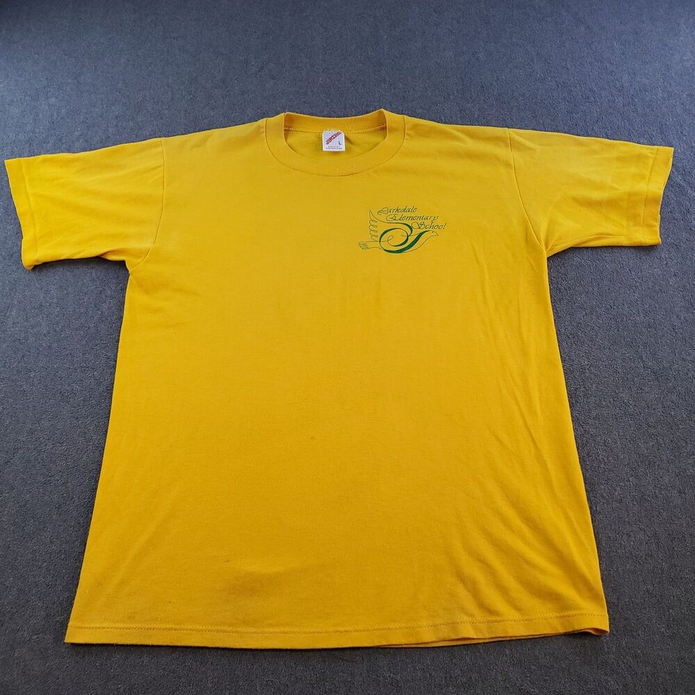 Vintage Larkdale Elementary School Tshirt Jerzees Men Size Large Yellow Made USA